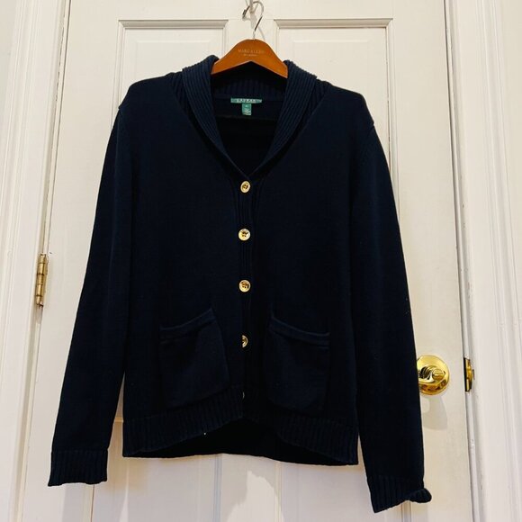 Womens Ralph Lauren Navy Gold Button Front Cardigan Size XL Thick Cotton. - Picture 1 of 16